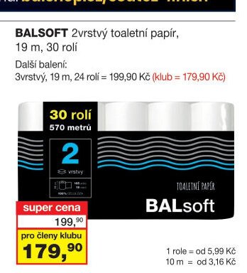 BALSOFT 2vrstvý toaletní papír, 19 m, 30 rolí