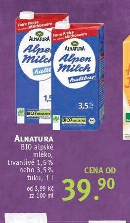 ALNATURA BIO alpské mléko, trvanlivé 1,5% nebo 3,5% tuku, 1 l