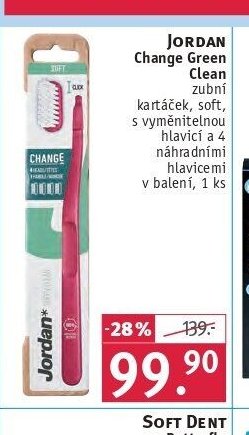 JORDAN Change Green Clean zubní kartáček, soft, s vyměnitelnou hlavicí a 4 náhradními hlavicemi v balení, 1 ks