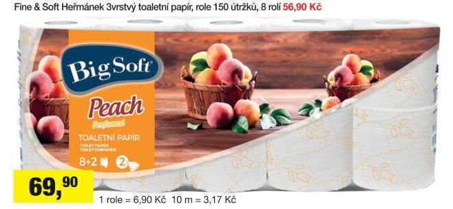 Big Soft broskev 2vrstvý toaletní papír, role 22 m, 200 útržků, 10 rolí