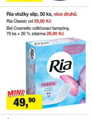 Ria vložky slip, 50 ks, více druhů / Ria Classic / Bel Cosmetic odličovací tampony