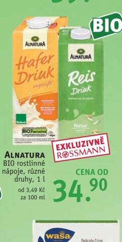 ALNATURA BIO rostlinné nápoje, různé druhy, 1 l