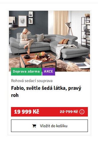 Rohová sedací souprava Fabio, světle šedá látka, pravý roh