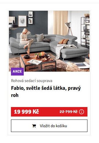 Rohová sedací souprava Fabio, světle šedá látka, pravý roh