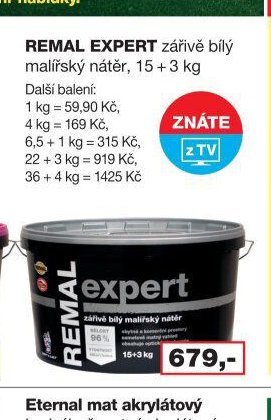 REMAL EXPERT zářivě bílý malířský nátěr, 15 + 3 kg
