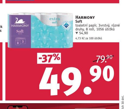 HARMONY Soft toaletní papír, 3vrstvý, různé druhy, 8 rolí, 1056 útržků