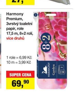 Harmony Premium, 3vrstvý toaletní papír, role 17,5 m, 8+2 rolí