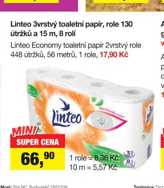 Linteo 3vrstvý toaletní papír, role 130 útržků a 15 m, 8 rolí
