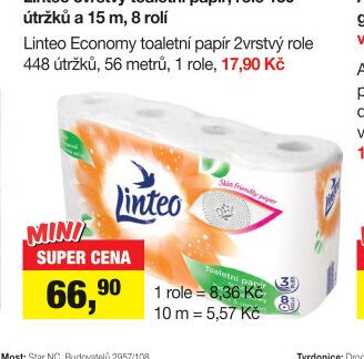 Linteo Economy toaletní papír 2vrstvý role 448 útržků, 56 metrů, 1 role