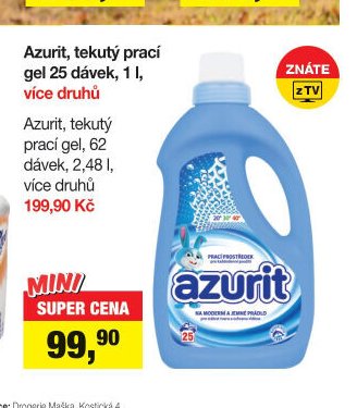 Azurít, tekutý prací gel 25 dávek, 1 l, více druhů