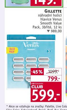 GILLETTE náhradní holicí hlavice Venus Smooth Value Pack, 3břité, 12 ks