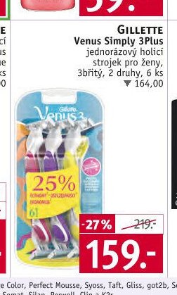 GILLETTE Venus Simply 3Plus jednorázový holicí strojek pro ženy, 3břitý, 2 druhy, 6 ks