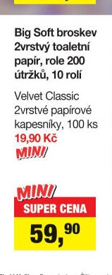 Velvet Classic 2vrstvé papírové kapesníky, 100 ks