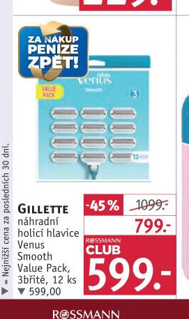 GILLETTE náhradní holicí hlavice Venus Smooth Value Pack, 3břité, 12 ks