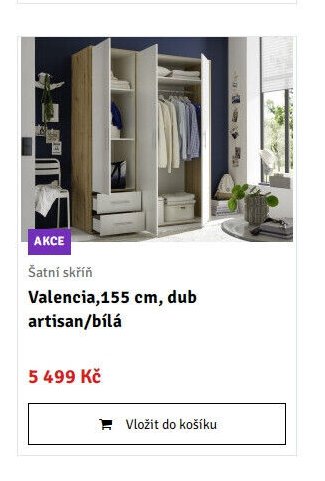 Šatní skříň Valencia, 155 cm, dub artisan/bílá
