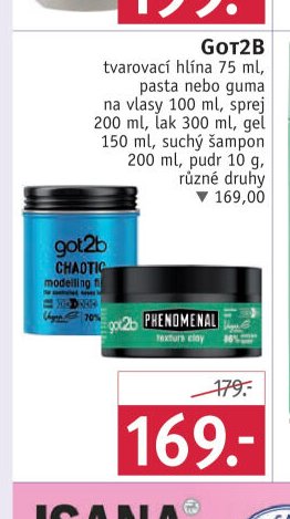 Got2b tvarovací hlína 75 ml, pasta nebo guma na vlasy 100 ml, sprej 200 ml, lak 300 ml, gel 150 ml, suchý šampon 200 ml, pudr 10 g