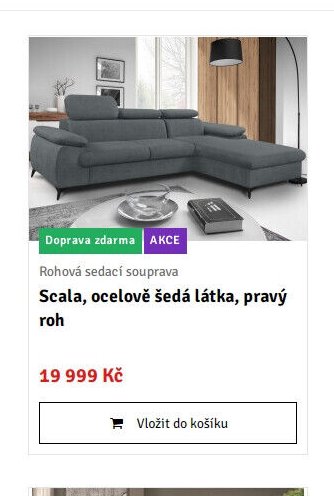 Scala, ocelově šedá látka, pravý roh