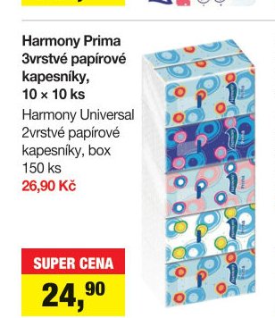 Harmony Prima 3vrstvé papírové kapesníky, 10 x 10 ks