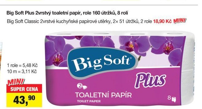 Big Soft Plus 2vrstvý toaletní papír, role 160 útržků, 8 rolí