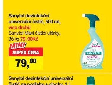Sanytol dezinfekční univerzální čistič, 500 ml, více druhů / Sanytol Maxi čistící utěrky, 36 ks 79,90Kč