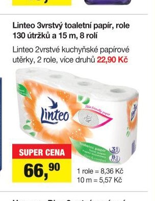 Linteo 3vrstvý toaletní papír, role 130 útržků a 15 m, 8 rolí / Linteo 2vrstvé kuchyňské papírové utěrky, 2 role, více druhů 22,90 Kč