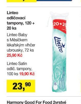 Linteo odličovací tampony, 120 + 20 ks / Linteo Baby s Měsíčkem lékařským vlhčer ubrousky, 72 ks 25,90 Kč / Linteo Satin odlič. tampony, 100 ks 19,90 Kč