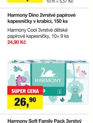 Harmony Dino 2vrstvé papírové kapesníčky v krabici, 150 ks / Harmony Cool 3vrstvé dětské papírové kapesníčky, 10x 9 ks 24,90 Kč