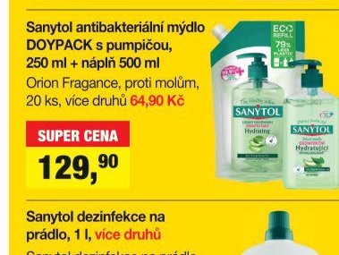 Sanytol antibakteriální mýdlo DOYPACK s pumpičou, 250 ml + náplň 500 ml / Orion Fragance, proti molům, 20 ks, více druhů 64,90 Kč
