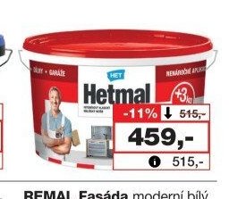 Hetmal Standard interiérová bílá malířská barva, 15 + 3 kg