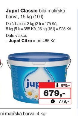Jupol Classic bílá malířská barva, 15 kg (10 l)