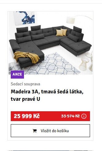 Sedací souprava Madeira 3A, tmavá šedá látka, tvar pravé U