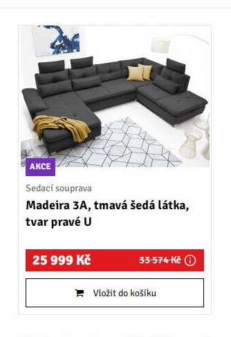 Sedací souprava Madeira 3A, tmavě šedá látka, tvar pravé U