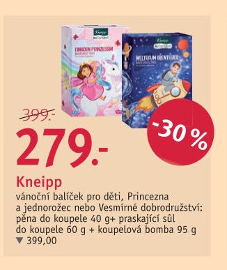 Kneipp vánoční balíček pro děti, Princezna a jednorožec nebo Vesmírné dobrodružství: pěna do koupele 60 g + koupelová bomba 95 g