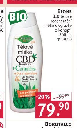 Bione BIO tělové regenerační mléko s výtažky z konopí, 500 ml