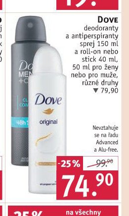 Dove deodoranty a antiperspiranty sprej 150 ml a roll-on nebo stick 40 ml, 50 ml pro ženy nebo pro muže, různé druhy