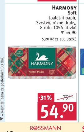 HARMONY Soft toaletní papír, 3vrstvý, různé druhy, 8 rolí