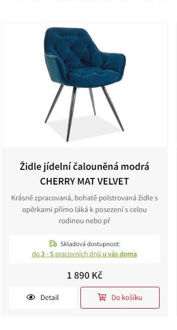 Židle jídelní čalouněná modrá CHERRY MAT VELVET