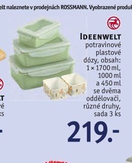IDEENWELT potravinové plastové dózy, obsah 1x1700 ml, 1000 ml a 450 ml se dvěma oddělovači, různé druhy, sada 3 ks