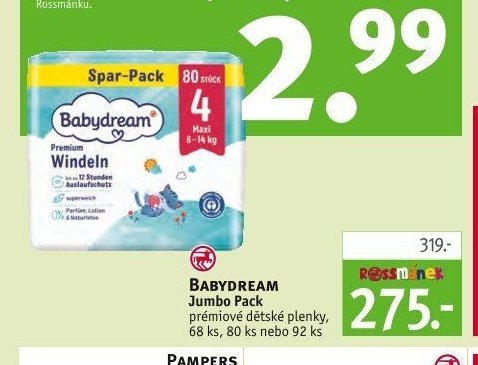 Babydream Jumbo Pack prémiové dětské plenky, 68 ks, 80 ks nebo 92 ks