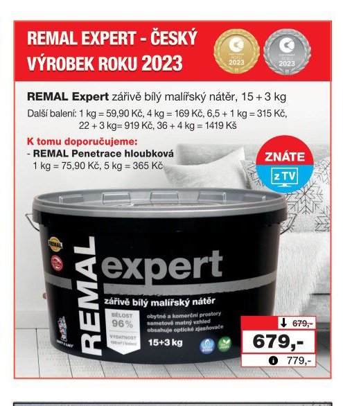 REMAL Expert zářivě bílý malířský nátěr, 15 + 3 kg