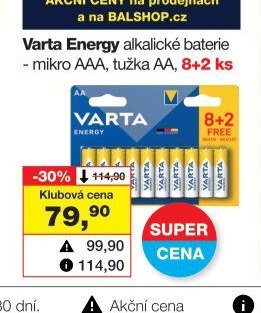 Varta Energy alkalické baterie - mikro AAA, tužka AA, 8+2 ks