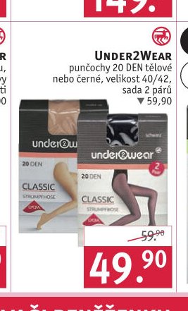 UNDER2WEAR punčochy 20 DEN tělové nebo černé, velikost 40/42, sada 2 párů
