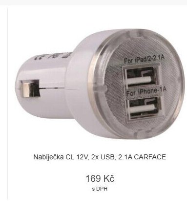Nabíječka CL 12V, 2x USB, 2.1A CARFACE