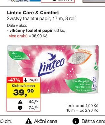 Linteo Care & Comfort 2vrstvý toaletní papír, 17 m, 8 rolí