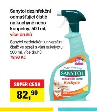 Sanytol dezinfekční odmašťující čistič na kuchyně nebo koupelny, 500 ml, více druhů