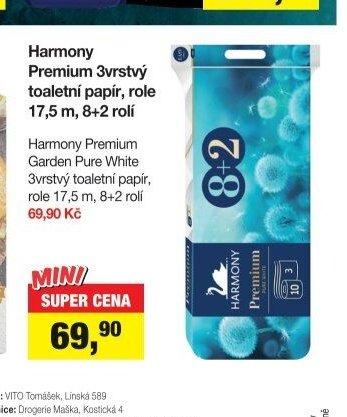 Harmony Premium 3vrstvý toaletní papír, role 17,5 m, 8+2 rolí
