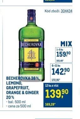 BECHEROVKA 38%, LEMOND, GRAPEFRUIT, ORANGE & GINGER 20%