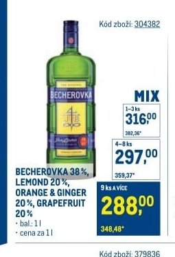 BECHEROVKA 38 %, LEMOND 20 %, ORANGE & GRAPEFRUIT 20 %
