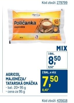 AGRICOL MAJONÉZA/TATARSKÁ OMÁČKA 20x95 g