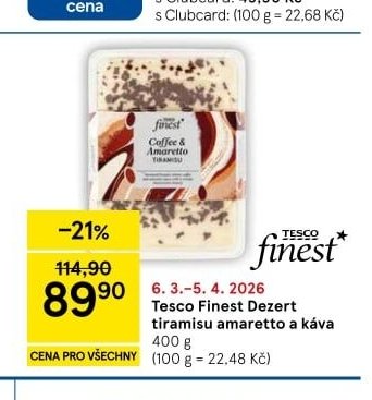 Tesco Finest Dezert tiramisu amaretto a káva - Tesco aktualniletaky.eu